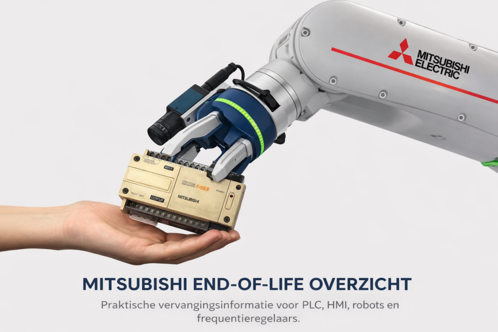robot geeft oude f Mitsubishi plc aan een hand. Mitsubishi end-of-life overzicht